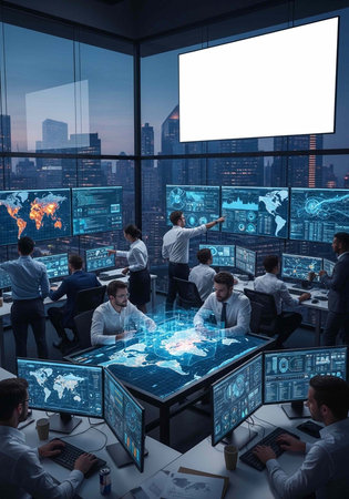 Group of professionals in modern office with large screens displaying maps and dataの写真素材