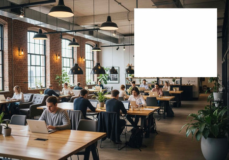 People sit at tables with laptops in a large room with brick walls and industrial lighting