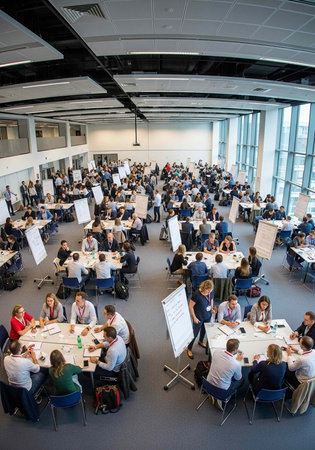 Aerial view of a spacious room filled with people seated at round tables with whiteboards and large...