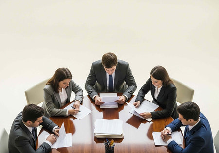 Five suited individuals sitting around a polished wooden table, reviewing papers and taking notes