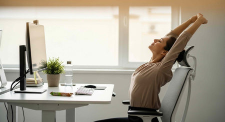Relaxed woman stretching in office chair with computer, plant, and desk in background