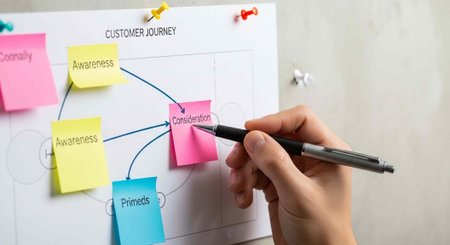 Hand holding pen pointing to pink sticky note on customer journey map with colorful notesの写真素材