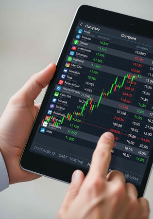 Close-up of hands holding tablet with stock market data and graph on screen