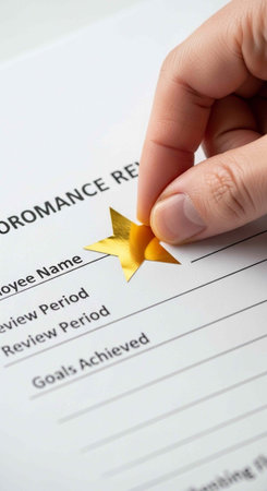 Close-up of hand with gold star on performance review document with blank evaluation lines