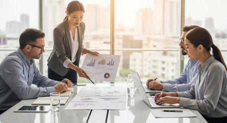 Four colleagues in business attire analyzing data and papers around a conference table