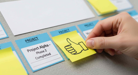 Person's hand holding yellow thumbs up sticker above project cards on grey surface