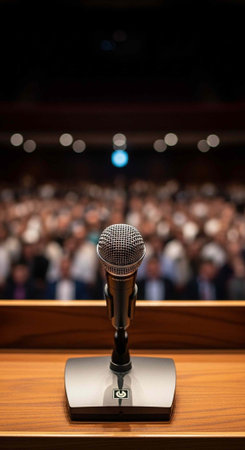 Microphone on stand at podium with crowd of people in blurry background