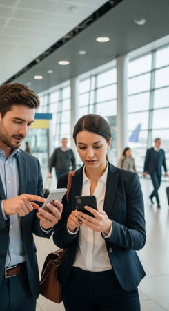 Two professionals in business attire using smartphones in airport with blurred people and large...