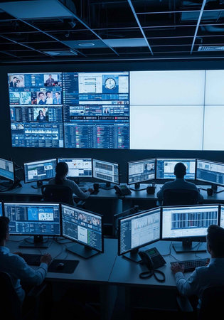 People sitting at desks with multiple monitors in a dimly lit room with a large screen wall