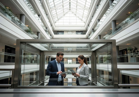 Two colleagues in business attire talking in a sleek office atrium with glass enclosure