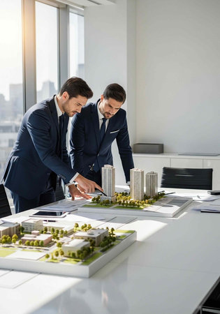 Two men in dark blue suits review building models on a large white table with papers and greenery