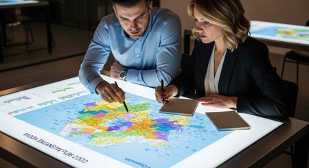 Two colleagues examining a vibrant map on a digital display table with a pen and notebook