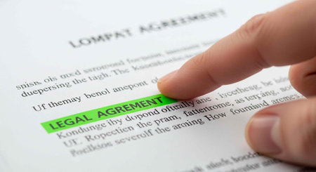 Hand pointing to highlighted legal agreement text on a document with blurred background