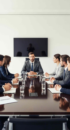 Group of suited individuals sitting around a polished table with glasses and papers in a modern...