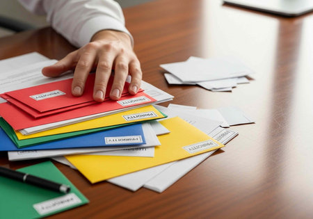 A person's hand on a stack of labeled file folders in various colors on a wooden desk