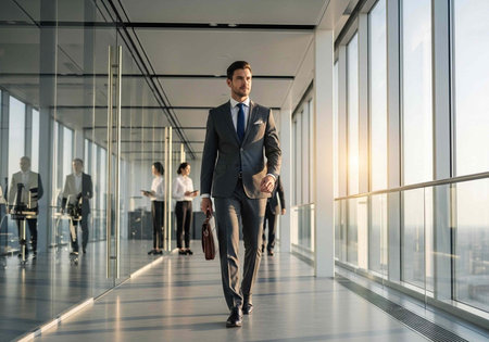 Professional man in suit holding briefcase walking down sleek office hallway with large windowsの写真素材