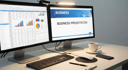 Two computer monitors displaying business data and presentation on a white desk with office supplies
