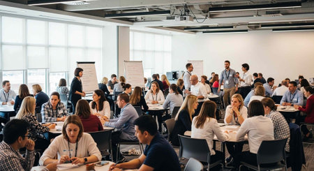 Large group of people sitting at tables in a bright office with whiteboards and windows