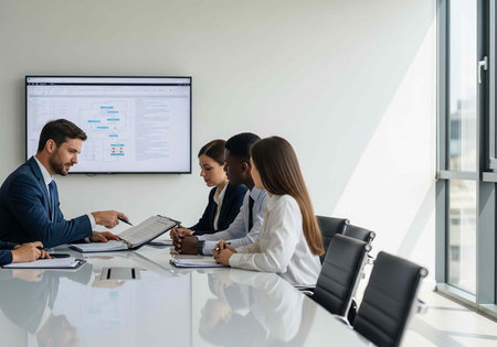 Group of four professionals in formal attire sitting around a sleek conference table with a large...