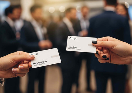 Two hands holding business cards with black text and logo, in front of blurred suited individualsの写真素材