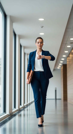 Woman in blue business suit walks down office hallway, holding briefcase, checking her watchの写真素材