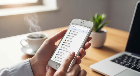 Close-up of hands holding white phone with apps, laptop and steaming coffee cup on desk