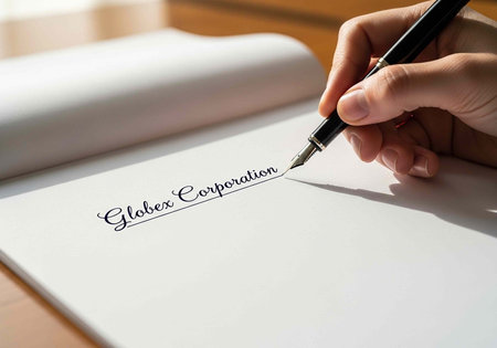 Close-up of hand holding pen signing paper with company name in elegant cursive script
