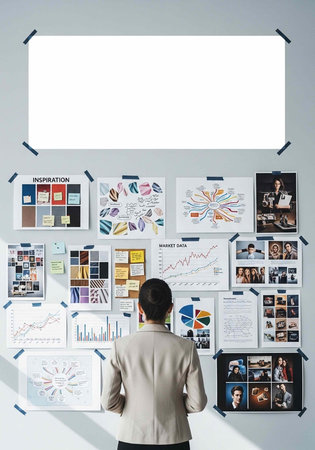 Woman in beige jacket looks at colorful vision board with charts, graphs, and photos on wall