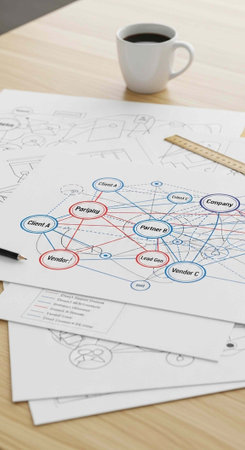 A mind map with colored circles and lines on papers with a cup of coffee and ruler