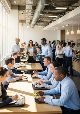 People of different ethnicities eating and socializing in a spacious, well-lit office break room...