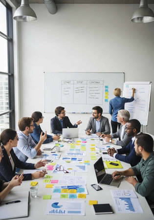 Diverse group of professionals gathered around table, discussing and planning with laptops and...