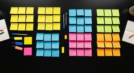 Various colored sticky notes, pens, and highlighters on a black surface for brainstorming and...