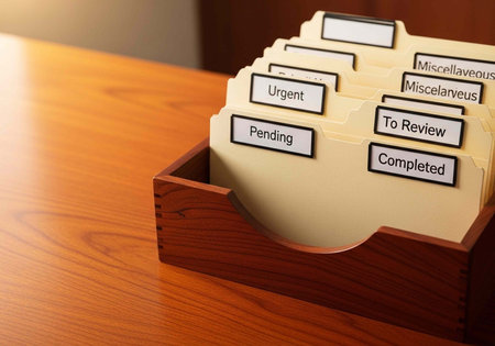 Wooden file organizer with labeled tabs for task management on a wooden deskの写真素材