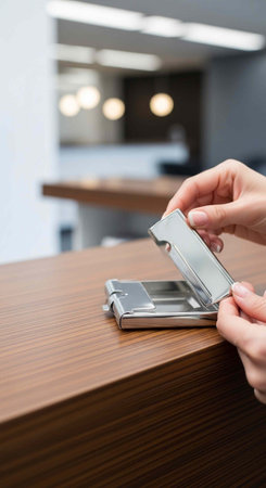 A person assembles a silver sliding door lock on a wooden countertop with blurred office background