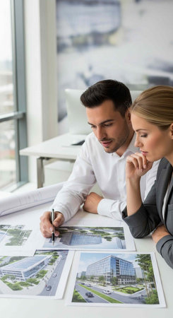 Two colleagues, a man and woman, review building designs and work together at a tableの写真素材