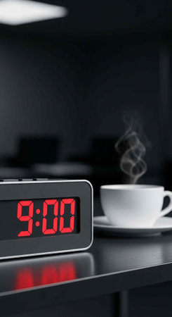 Close-up of digital clock and steaming coffee cup on a dark table, morning time