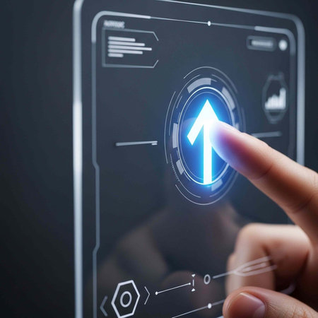 Close-up of finger pressing virtual button with glowing blue arrow on dark screenの写真素材