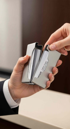 Person in suit holding a modern silver card holder with two cards inside, opening it