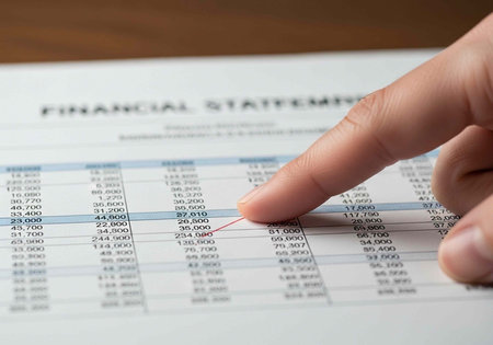 Hand pointing to financial data on a spreadsheet with a red pen