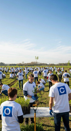 People in white t-shirts plant trees in a large green field under a clear sky