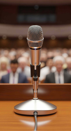 A silver microphone stands on a wooden table with a blurred audience in the background