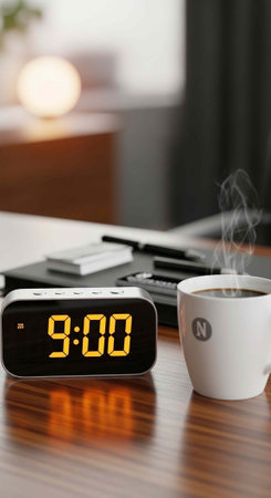 Digital alarm clock and steaming coffee cup on a wooden desk with office supplies in background