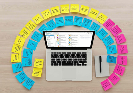 Laptop surrounded by colorful sticky notes on a wooden desk with a notebook and pen for organizationの写真素材