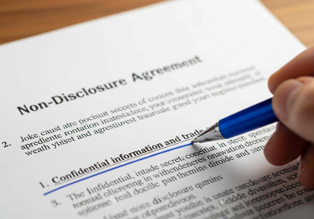 Close-up of hand with blue pen on Non-Disclosure Agreement paper