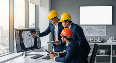Men in suits and hard hats review building design on computer monitor in modern office space