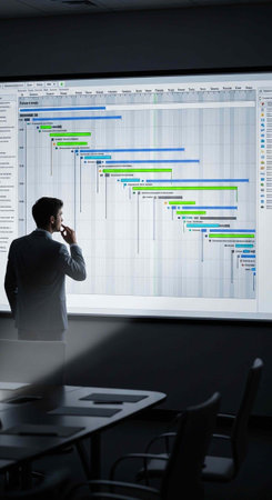 Man in suit examines colorful project schedule on big screen, talking on phone in dimly lit room