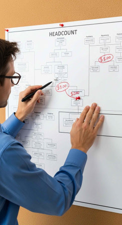 Man in blue shirt writing on headcount flowchart with red and black text on whiteboard