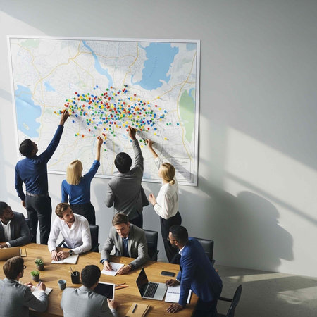 Group of people in business attire working together around a table with a large map on the wall