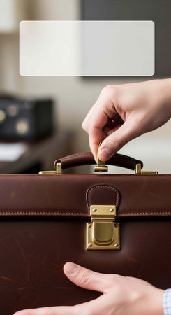 Person's hands interacting with a brown leather briefcase, gold clasp and handle visible, blurred...