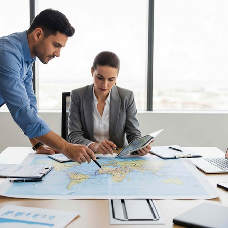 Two professionals analyzing a world map with digital devices on a conference table in an office